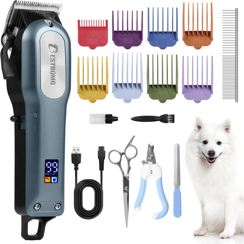 OMORC Dog Clippers with 12V High Power for Thick Coats, Professional Heavy Duty Dog Grooming Kit, Plug-in & Quiet Pet Clippers with 8 Comb Guides, 1 Scissor, 1 Comb, 1 Cleaning Brush Blue