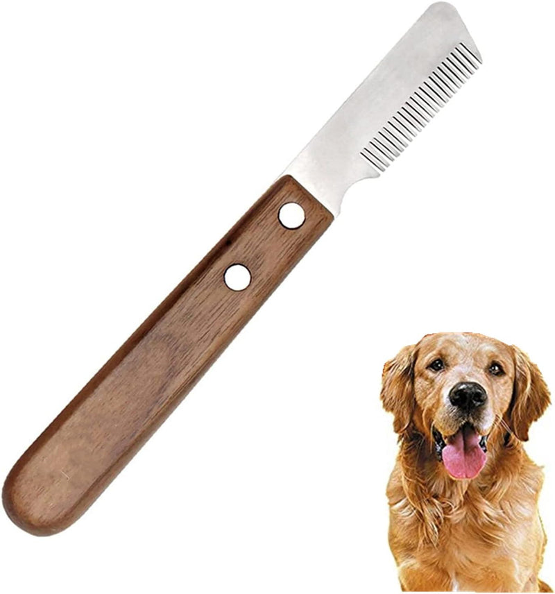 POPETPOP Pet Dog Professional Stripping Knife Pet Grooming Tool Wooden Handle Deep Teeth Hardened Stainless Steel Shedding Tools - PawsPlanet Australia