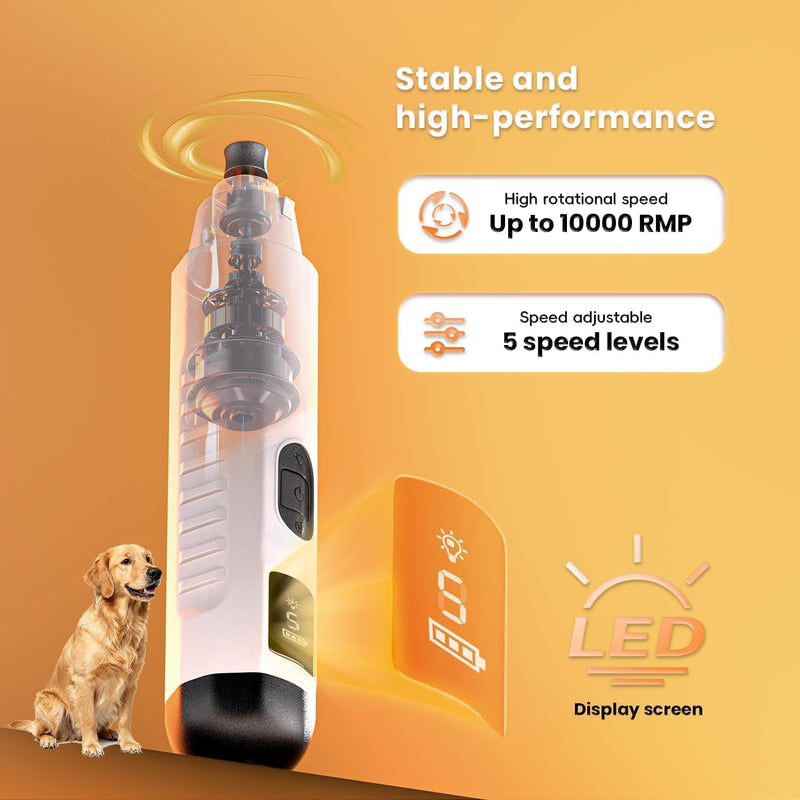 Silent Groom Pro Nail Grinder, 2025 New Nail Grinder for Dogs and Cats with LED Light & 3 Speeds, 2000mAh USB Rechargeable Dog Nail Trimmer for Thick Nails (1pc+2 Heads)