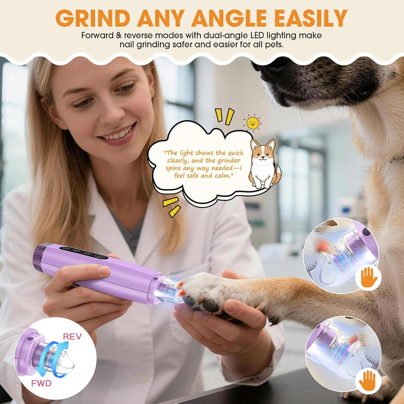 Dog Nail Grinder & Clipper 2-in-1 Set - 25dB Ultra Quiet with 3 Grinding Wheels & 2 LED Lights, Rechargeable for Large/Puppy Dogs & Cats, 3-Speed Adjustable for Anxious Pets Purple