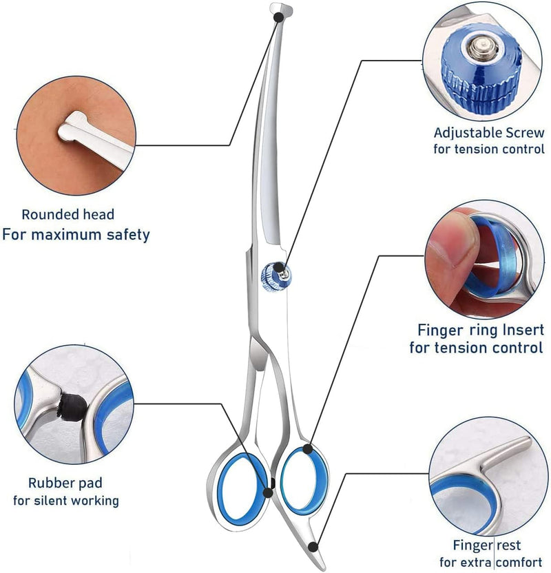 Professional Curved Dog Grooming Scissors with Rounded Tips, Cat Shears, 4CR Stainless Steel Curved Blades, Pet Home Grooming Tools - PawsPlanet Australia