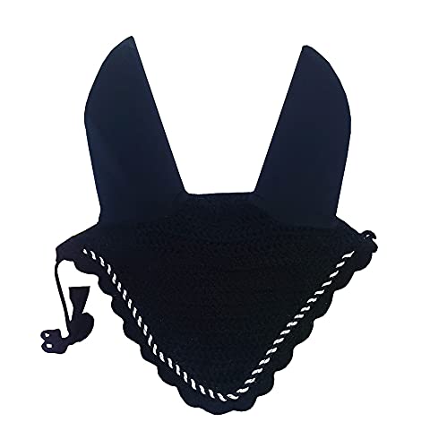 Horse Ear Bonnet Fly Veil Crochet Equestrian with Piping 30 Color Full/COB/Pony (Medium/COB, Black) MEDIUM / COB