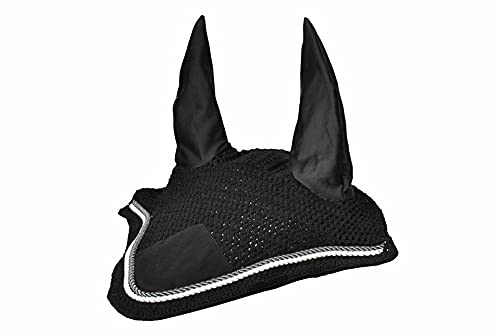 Horse Fly Bonnet Double Piping Ear Net Fly Veil Mask Breathable Cotton Crochet Horse Tack (Full, Black 1) FULL