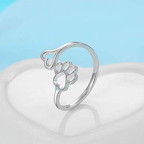 N-A 2 Pcs Lovely Puppy Dog Pet Paw Cat Tail Open Rings Set Women Dainty Animal Claw Love Heart Adjustable Jewelry Gift-Silver