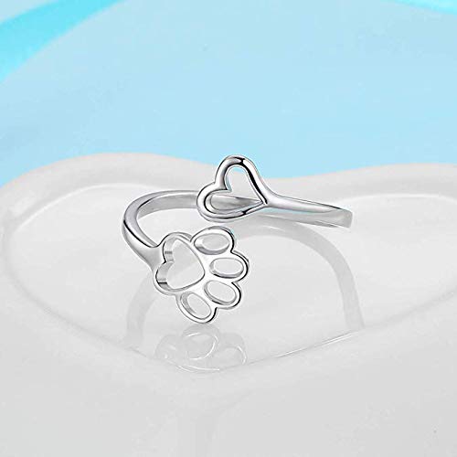 N-A 2 Pcs Lovely Puppy Dog Pet Paw Cat Tail Open Rings Set Women Dainty Animal Claw Love Heart Adjustable Jewelry Gift-Silver