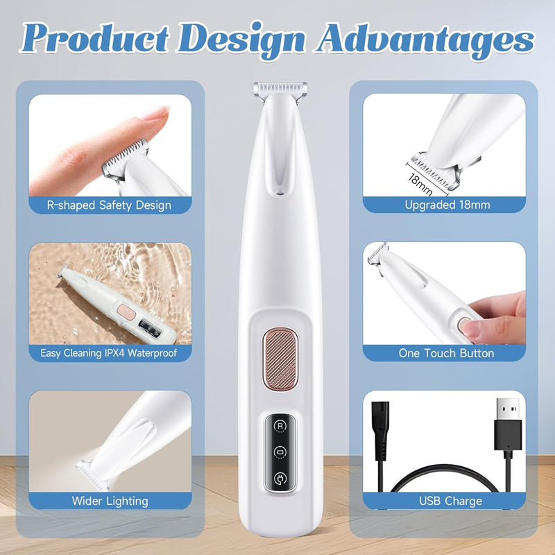 Dog Paw Trimmer with LED Display, 35dB Low Noise Electric Dog Clippers for Grooming, Cordless 20mm-Blade for Trimming Dog's Hair Around Paws, Eyes, Ears, Face, Rump with LED Light (White) White - PawsPlanet Australia