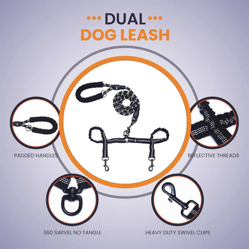 iYoShop Dual Dog Leash, Double Dog Leash, 360 Swivel No Tangle Double Dog Walking Training Leash, Comfortable Shock Absorbing Reflective Bungee for Two Dogs, Black, Medium Large Medium/Large - PawsPlanet Australia