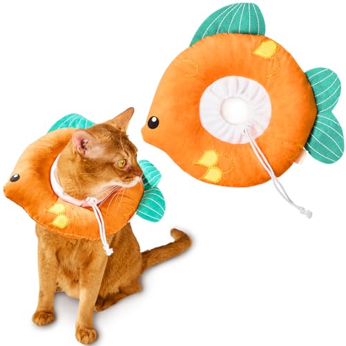 Cat Cone, Adjustable Cat Recovery Collar, Extra Soft Cat E Collar with Drawstrings, Prevent Licking and Scratching (Goldfish, Small) [Neck:5-10"] Small Goldfish