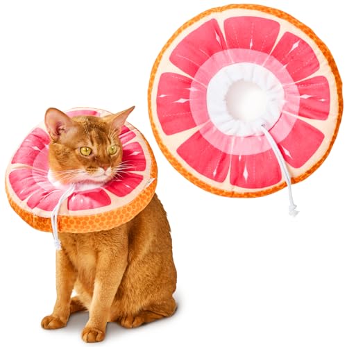 Cat Cone, Adjustable Cat Recovery Collar, Extra Soft Cat E Collar with Drawstrings, Prevent Licking and Scratching (Grapefruit, Small) [Neck:5-10"] Small Grapefruit