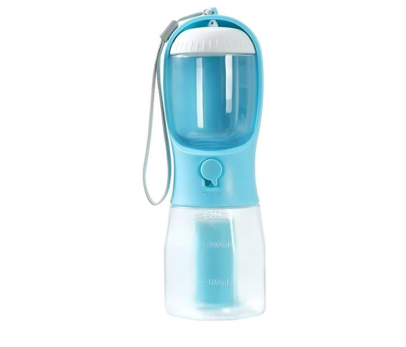 Three-in-One Portable Pet Water Bottle and Food Container, Blue,300ml Capacity, Built-in Waste Bag Storage, Travel Dog Water Dispenser - PawsPlanet Australia