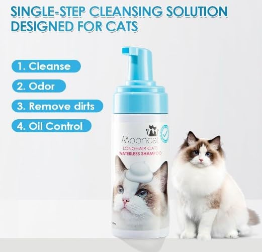 Mooncat Waterless Shampoo & Brush Kit for Longhair Cats | Complete Grooming System for Detangling, Deshedding & Matted Fur | Licking Safe No-Rinse Foam with Gentle Silicone Massager - Made in Taiwan long hair - PawsPlanet Australia