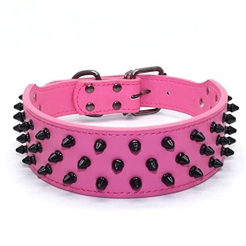 Dogs Kingdom Leather Black Spiked Studded Dog Collar 2" Wide, 31 Spikes 52 Studdeds Pit Bull, Boxer Collar Rose Red Xs - PawsPlanet Australia