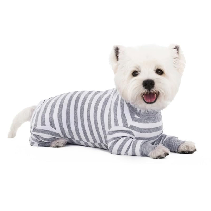 Dog Striped Recovery Suit, Puppy After Surgery Onesie for Female Male Dogs, Dogs Cats Long Sleeve Pajamas Bodysuit, Surgery Abdominal Wound Bandages Clothes, Dog Pant for Shedding Skin Disease Grey Large