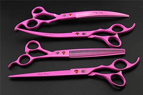 Purple Dragon Professional 7.0 inch 4PCS Pet Grooming Scissors Kit Japan Premium Steel Straight & Curved & Thinning Blade Dog Hair Cutting Shears Set with Case Pink - PawsPlanet Australia