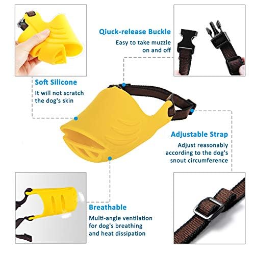 LUCKYPAW Dog Muzzle, Soft Duck Silicone Mouth Cover with Adjustable Strap for Small Medium Dogs, Best to Prevent Barking, Biting, and Chewing(Yellow,M) M Yellow - PawsPlanet Australia