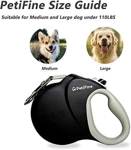 PetiFine Retractable Dog Leash for Large Dogs, 26 FT Heavy Duty Extendable Dog Leash up to 110lbs, Reflective Strong Nylon Tape, One-Handed Brake Black