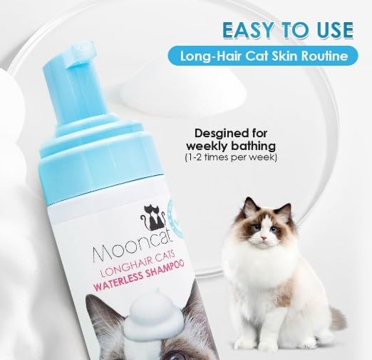 Mooncat Waterless Shampoo & Brush Kit for Longhair Cats | Complete Grooming System for Detangling, Deshedding & Matted Fur | Licking Safe No-Rinse Foam with Gentle Silicone Massager - Made in Taiwan long hair - PawsPlanet Australia