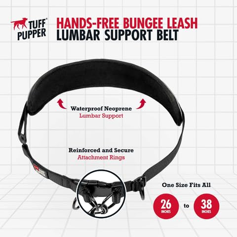 Tuff Pupper Heavy Duty Hands Free Dog Leash | One Large Dog Up to 125 lbs | Comfortable Shock Absorbing Bungee | Reflective Padded Handles | Lumbar Waist Belt 26-38" | Walking Jogging Running Leash One - Large Dog (45-125 pounds)