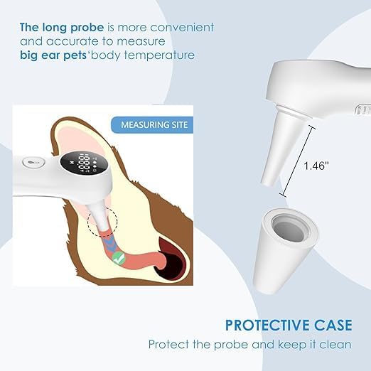Ear Thermometer for Dogs, Cats and Livestock with Long Probe, Switching to C/F, Mute Button, 1 Second Measurement