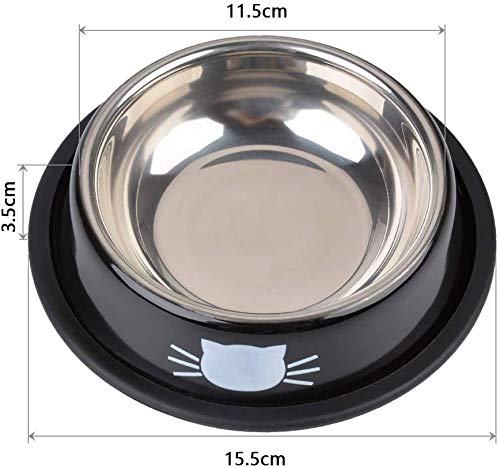 3 PCS Cat Bowls,SUOXU Stainless Steel Pet Bolws,Non-Skid Base Leak-Proof Cats Food Bowl,Feeding Bowls for Cats,Cat Water Bowl with Cute Cats Painted Black*2/red