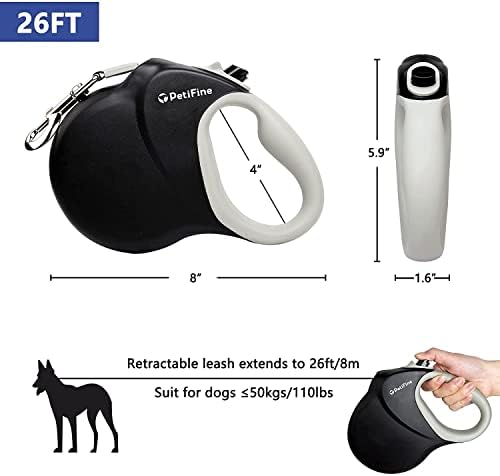 PetiFine Retractable Dog Leash for Large Dogs, 26 FT Heavy Duty Extendable Dog Leash up to 110lbs, Reflective Strong Nylon Tape, One-Handed Brake Black