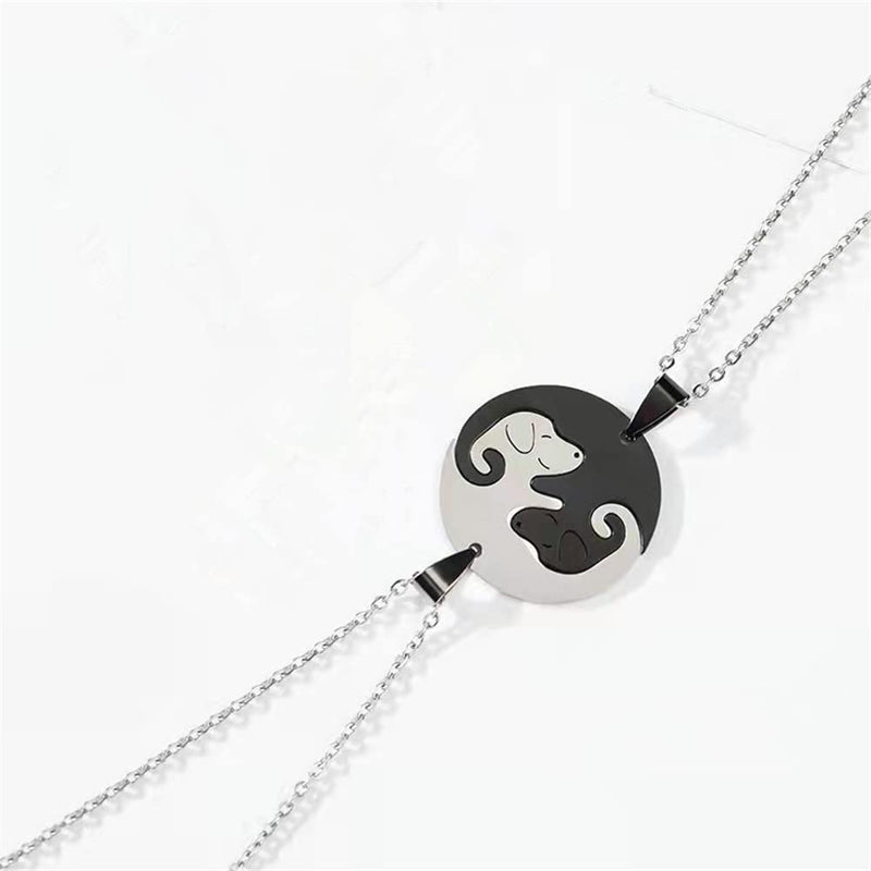 Dog Puppy Pendant Necklace Matching Animal Pet Yin Yang Puzzle Necklace for Women Men Long Distance Love Couple Friendship Necklace Jewelry 2Pcs Set 01 Dog Circle Silver Black - PawsPlanet Australia