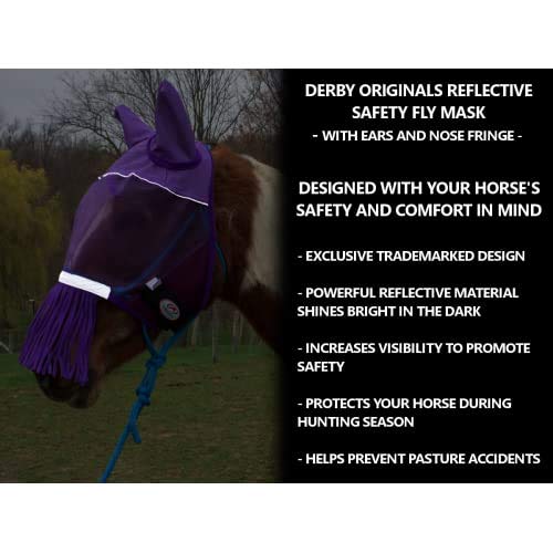 Derby Originals Reflective Safety Horse Fly Mask with Ears and Nose Cover Fringes Full Horse (Large) Black - PawsPlanet Australia