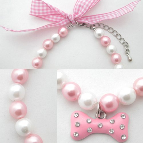 Fancy Diamond Pearl Dog Necklace Collar Jewelry with Bling Rhinestones Bone Charm for Pets Cats Small Dogs Girl Teacup Chihuahua Yorkie Clothes Costume Outfits Accessories, Adjustable Pink Neck Size: 8"