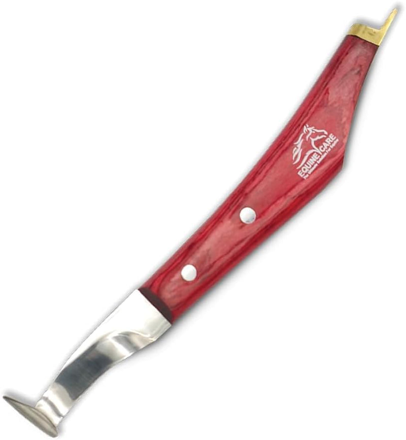 Equine Care Hoof Knife - J2 Japanese Steel Blade with Hoof Pick, Brass Topper Sheet Handle - Farrier Tool for Horse & Cow Hoof Care, Shoeing, Trimming, and Supplies. (Left-Handed) Left-Handed