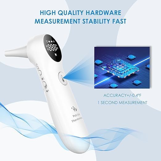 Ear Thermometer for Dogs, Cats and Livestock with Long Probe, Switching to C/F, Mute Button, 1 Second Measurement