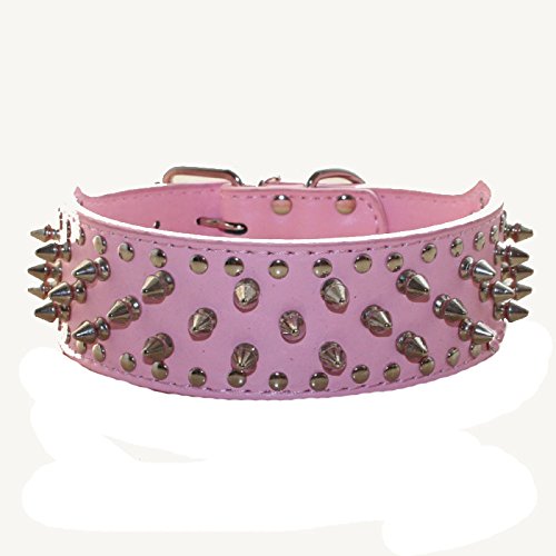 Leather Spiked Studded Medium & Large Dog Collars, Harnesses & Chain Leashes 3Pcs Matching Set for Pit Bull,Mastiff, Boxer, Bull Terrier L Pink - PawsPlanet Australia