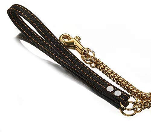 Strong Dog Chain Gold Leash Long 3FT 4FT 5FT 18K Stainless Steel 12mm Curb Cuban Link Dog Leash with Comfortable Genuine Leather Handle(Gold, 4FT) 18K Gold 4FT (48inches) - PawsPlanet Australia