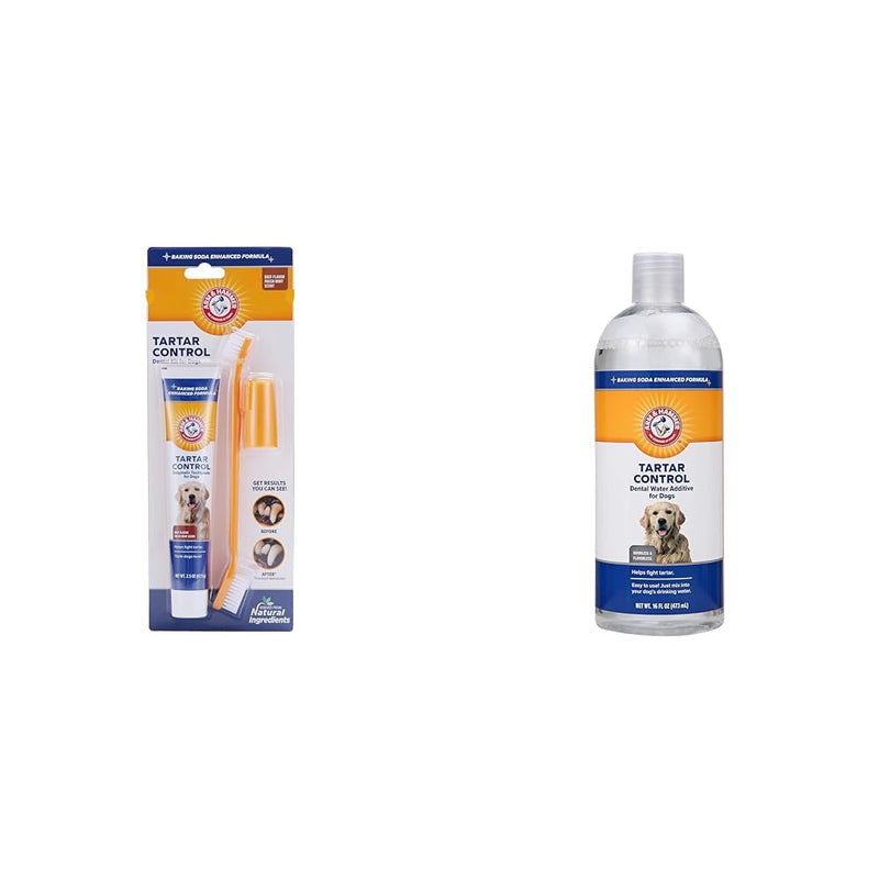 Arm & Hammer Tartar Control Bundle for Dogs: Tartar Control Kit in Beef Flavor (Toothpaste, Toothbrush, Fingerbrush) and Flavorless Dental Water Additive, 16 Fl Oz