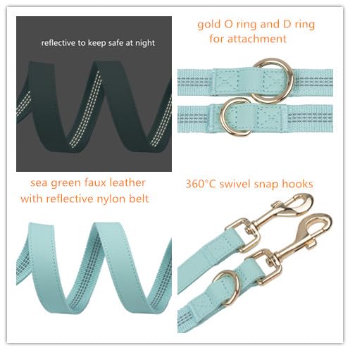 Leather Dog Collar and Leash Set 7FT Reflective at Night - Soft and Easy to Clean Vegan Leather with Gold Metal Buckle for Small Medium Large Dogs (S, Sea Green) S