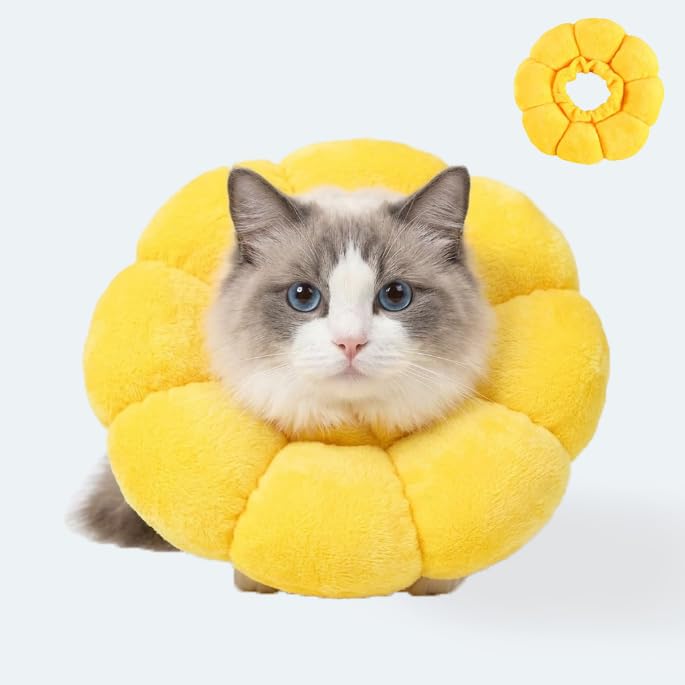 Cat neck brace, lick protection, size S, sunflower design, Elizabethan collar, soft protective collar for cats after surgery, anti-licking, flea protection, adjustable neck protection for small cats