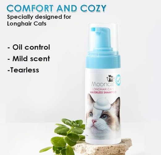 Mooncat Waterless Shampoo & Brush Kit for Longhair Cats | Complete Grooming System for Detangling, Deshedding & Matted Fur | Licking Safe No-Rinse Foam with Gentle Silicone Massager - Made in Taiwan long hair - PawsPlanet Australia