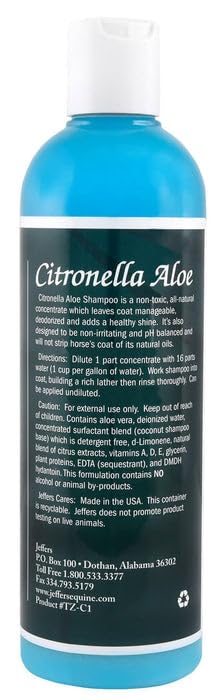 Jeffers Equine Citronella Aloe Horse Shampoo – pH Balanced, All Natural, Deodorizing Wash for Horses, Pony, Foals – Natural Citrus Scent – Gentle Grooming for Soft Coat, Tail & Mane – 16 oz 16oz - PawsPlanet Australia
