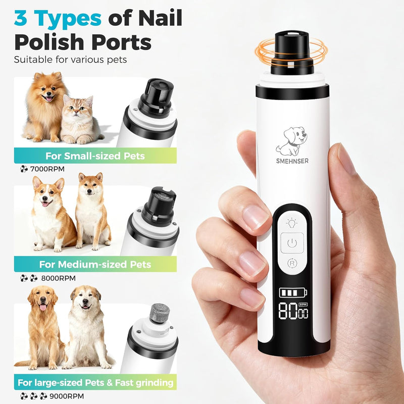 2026 New Ultra Quiet Pets Nail Grinder with 2 Lights,Adjustable 3 Speeds Dog Nail Trimmers,2000mAh Rechargeable,Painless Paws Grooming Pro for Small Medium Large Dogs & Cats (2 Replacement Heads)
