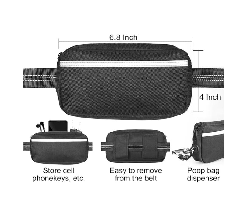 Hands Free Dog Leash with Waist Zipper Pouch, Dual Padded Handles and Dual Bungee Shockabsorbing Leash with Safety Reflective Strip for Walking, Jogging and Running Your Dog Black