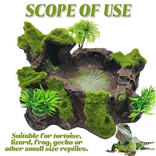 TIHOOD Plastic Reptile Tank Decor Resin Reptile Platform Artificial Tree Trunk Design Reptile Food Dish Food Bowl for Lizard, Gecko, Water Frog, Other Reptile