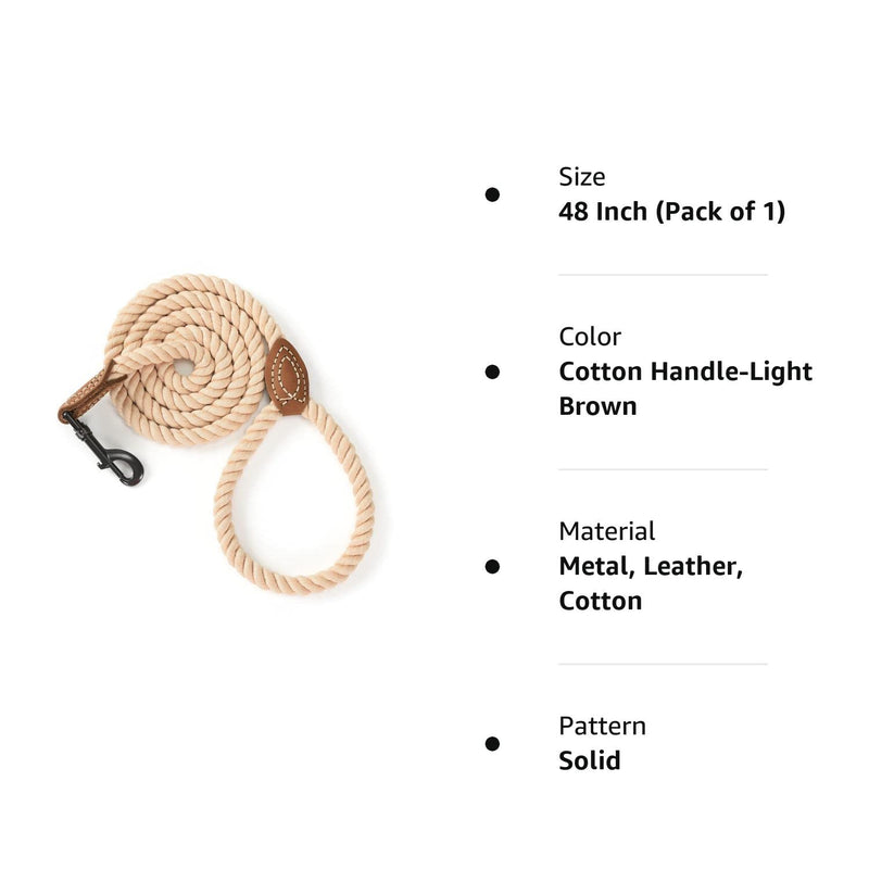 Mile High Life Dog Leash | Braided Cotton Rope Dog Leashes with Leather Tailor Tip | 4 Feet Dog Leash w Heavy Duty Metal Clasp | Wedding Dog Leash (Light Brown, 48 Inches) 48 Inch (20lb-100lb) Cotton Handle-Light Brown - PawsPlanet Australia