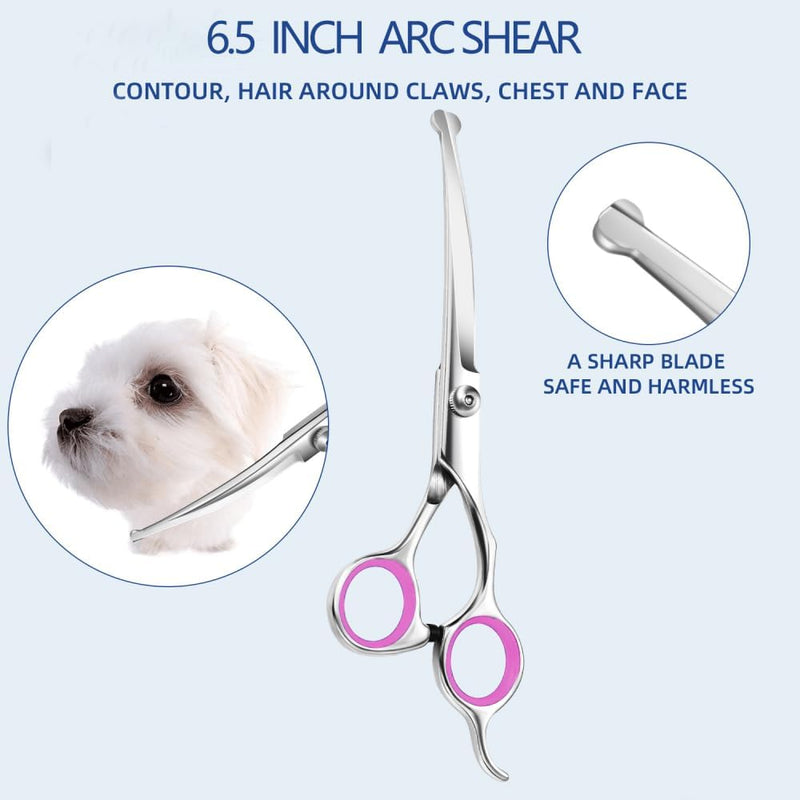 Dog Grooming Scissors - Professional Pet Grooming Kit with Flea Comb - Safety Round Tips Dog Thinning Scissors (Pink) Set of 6 | Grooming Products for Dogs Petking Pink-set of 6