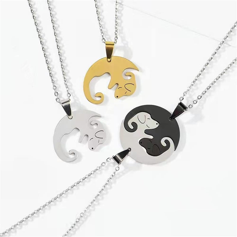 Dog Puppy Pendant Necklace Matching Animal Pet Yin Yang Puzzle Necklace for Women Men Long Distance Love Couple Friendship Necklace Jewelry 2Pcs Set 01 Dog Circle Silver Black - PawsPlanet Australia