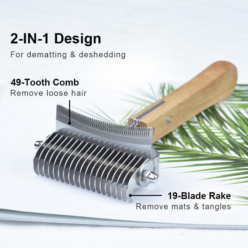 2 in 1 Dogs Cats Detangler Brush,Dematting Comb & Undercoat Rake for Dogs,Efficiently Detangling Shedding Loose Hair & Matted Fur, All Long Haired Pet - PawsPlanet Australia