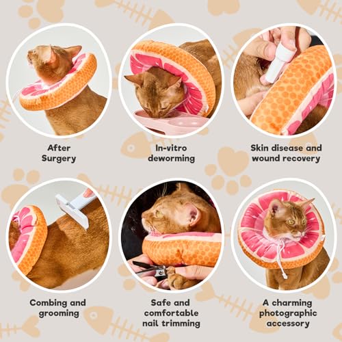 Cat Cone, Adjustable Cat Recovery Collar, Extra Soft Cat E Collar with Drawstrings, Prevent Licking and Scratching (Grapefruit, Small) [Neck:5-10"] Small Grapefruit