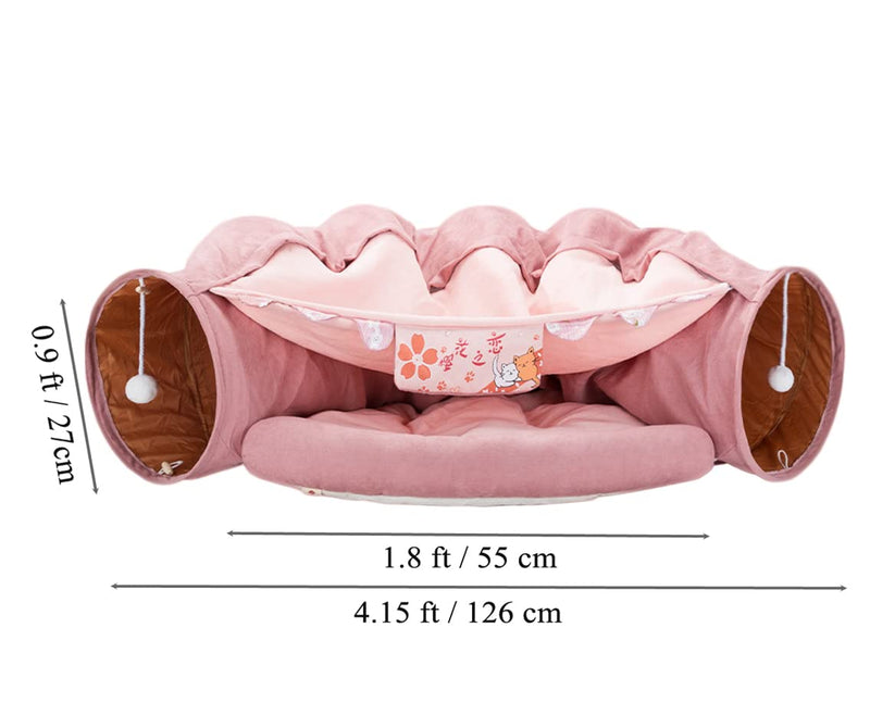 2 in 1 Cat Tunnel Bed Tube with Cushion and Plush Ball Toy Playground Crinkle Collapsible for Large Cats Kittens Kitty Puppy Small Dog Foldable Soft Pet Play Bed Indoor Outdoor- Pink Cat Tunnel Bed - PawsPlanet Australia