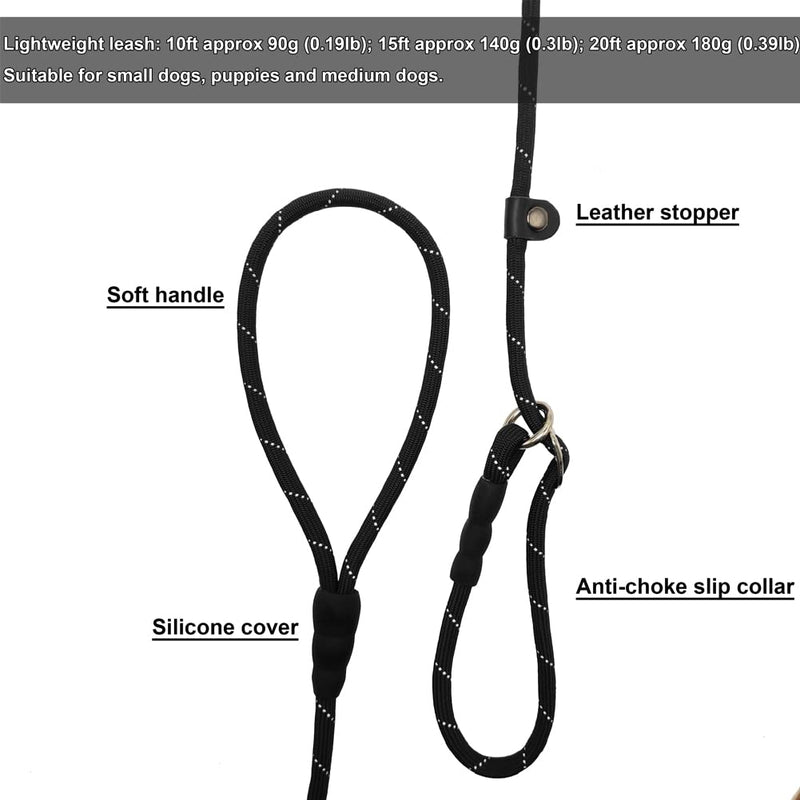 BTINESFUL 10FT / 15FT / 20FT Slip Lead Dog Leash, Reflective 1/3” Rope Leash Long Training Lead for Small Medium Dogs 10ft * 1/3" black - PawsPlanet Australia