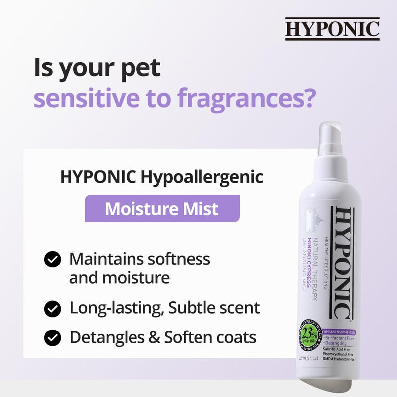 HYPONIC Hypoallergenic Moisture Detangling Mist Spray for All Pets (Baby Powder Scent, 237ml) - Used by Professional Groomer, Deodorizing Perfume Spray for Smelly Dogs & Cats