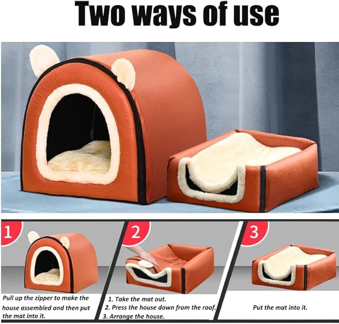 Cat Bed or Dog Bed,2 Ways to Use,Indoor Pet House with Fluffy Mat,Removable and Washable Cover,Splash-Proof House and Non-Slip Bottom,for Cats and Small Dogs(S Orange & Gray) S(Pets up to 5.5 lbs) - PawsPlanet Australia