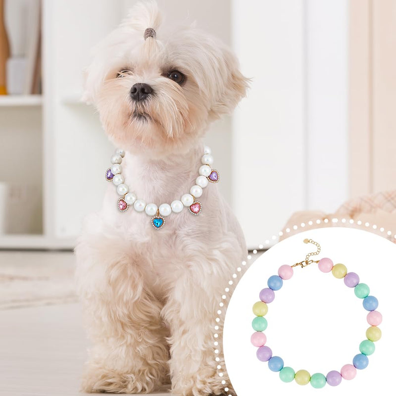 OLYCRAFT 2pcs Pet Rainbow Beaded Collar with Heart Charms Adjustable Dog and Cat Necklace Sparkling Colorful Pet Necklace Jewelry Handmade Fancy Dog Collar for Small Medium and Large Pets-2 Styles 13.2~15 Inch - PawsPlanet Australia